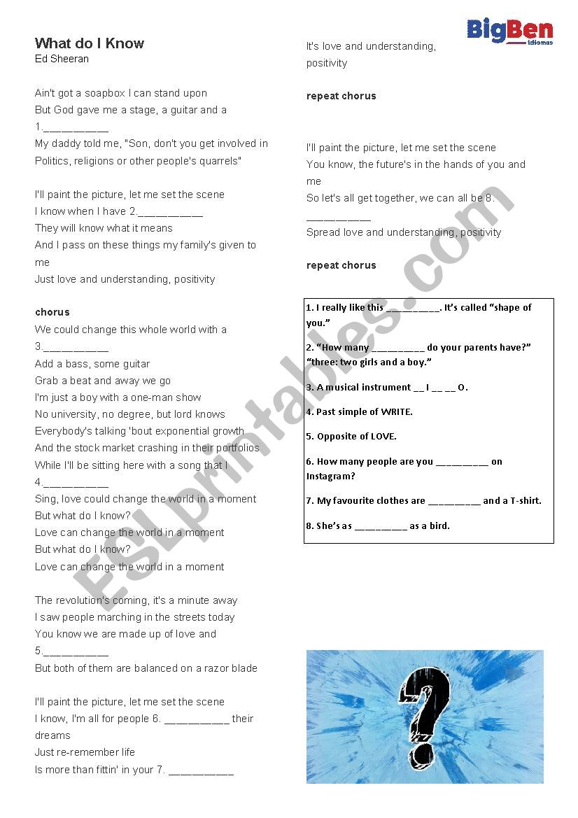 What Do I Know - Ed Sheeran worksheet