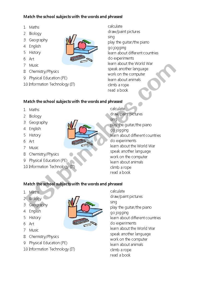 School subjects worksheet