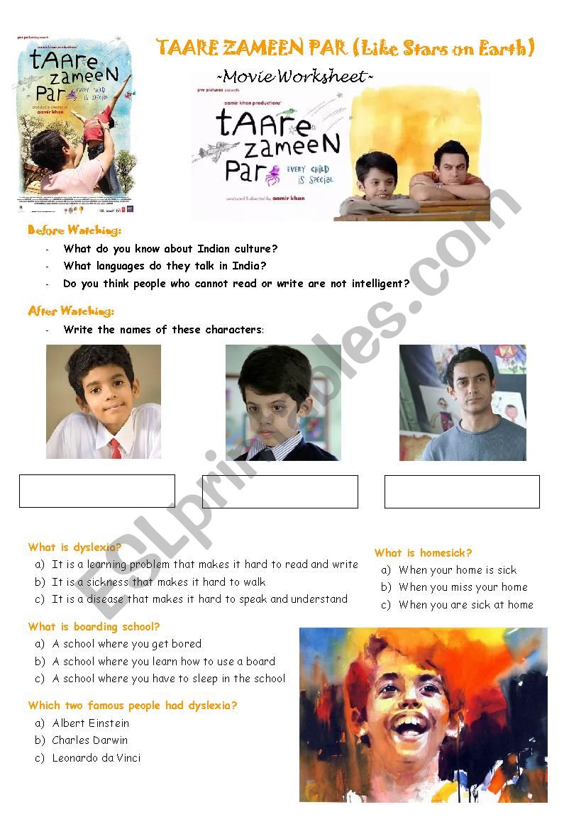 Taare Zameen Par (Like Stars on Earth) Movie Worksheet 