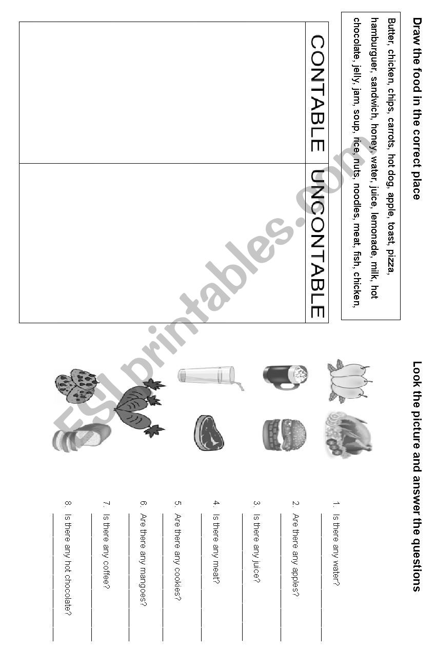 contable and uncontable food worksheet