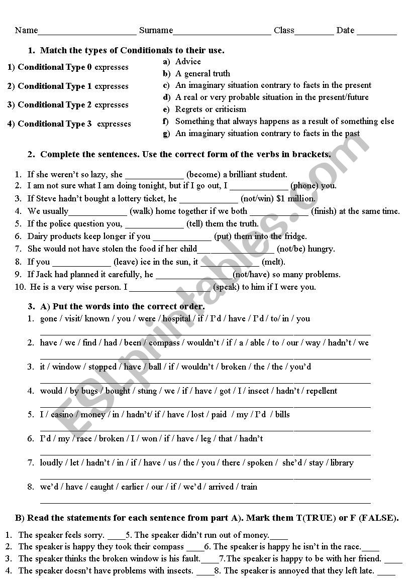 Conditionals 0,1,2,3 worksheet