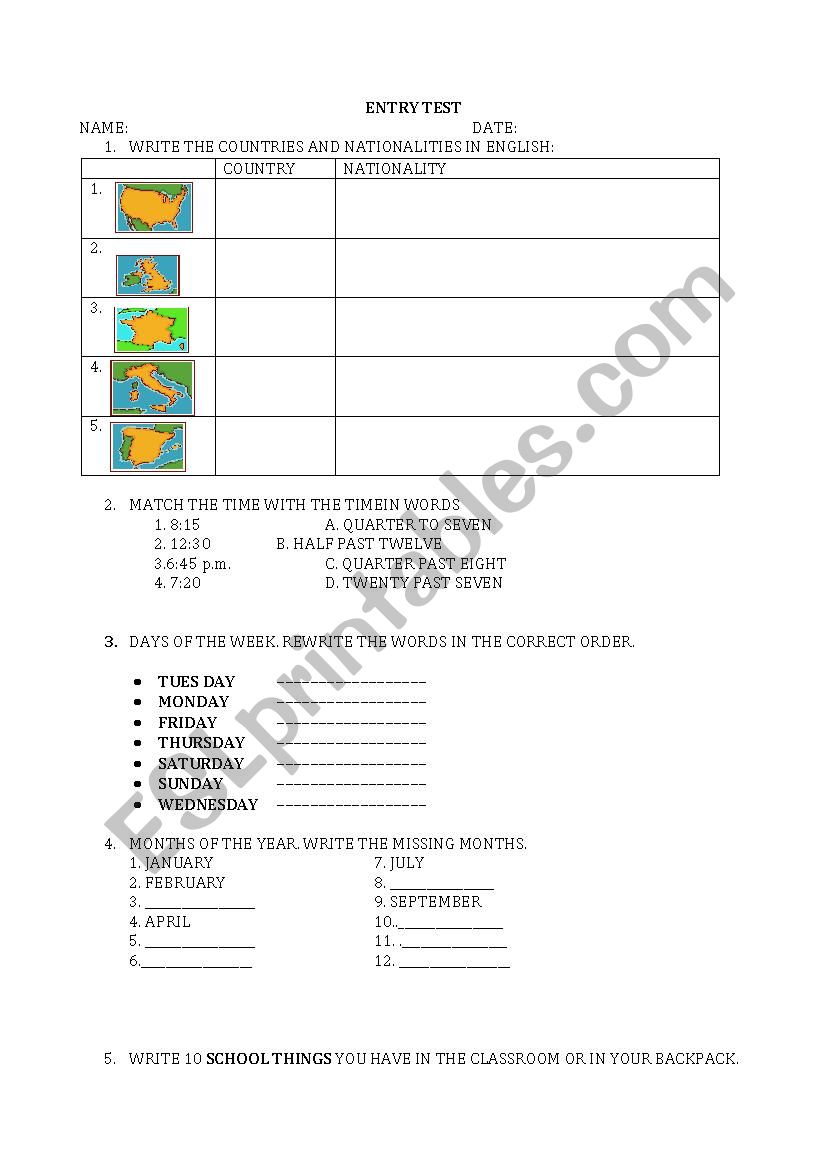 ENTRY TEST BEGINNER worksheet