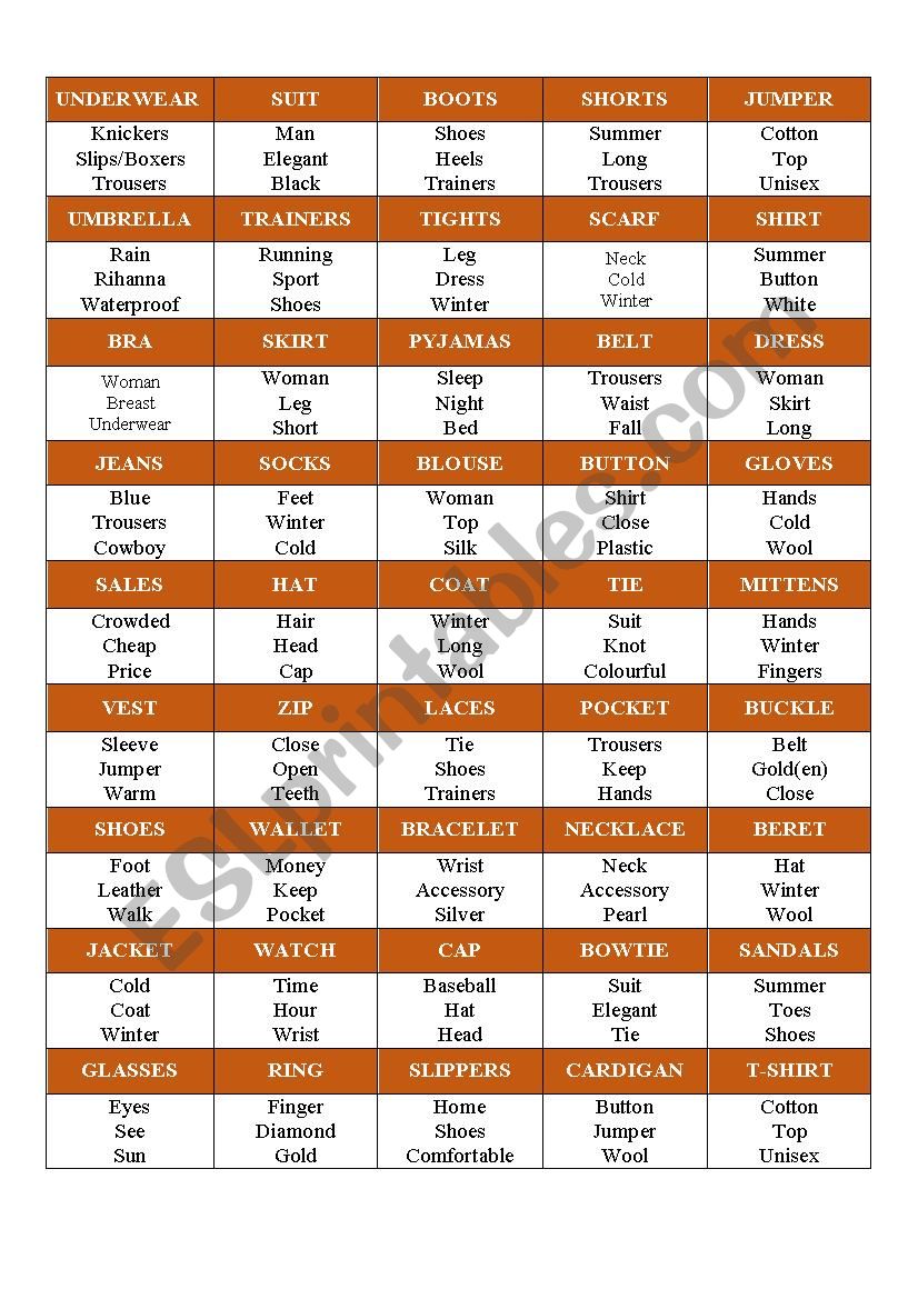 Taboo cards - Clothing worksheet