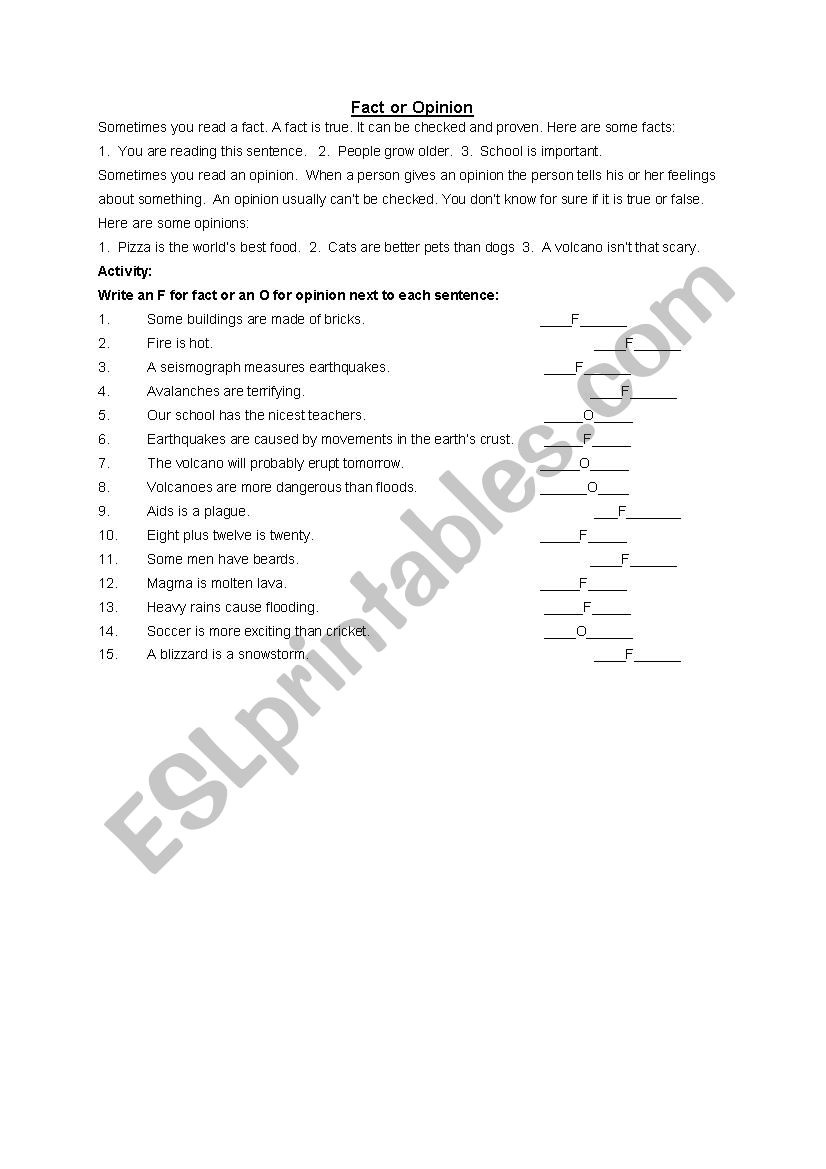 Fact or Opinion worksheet