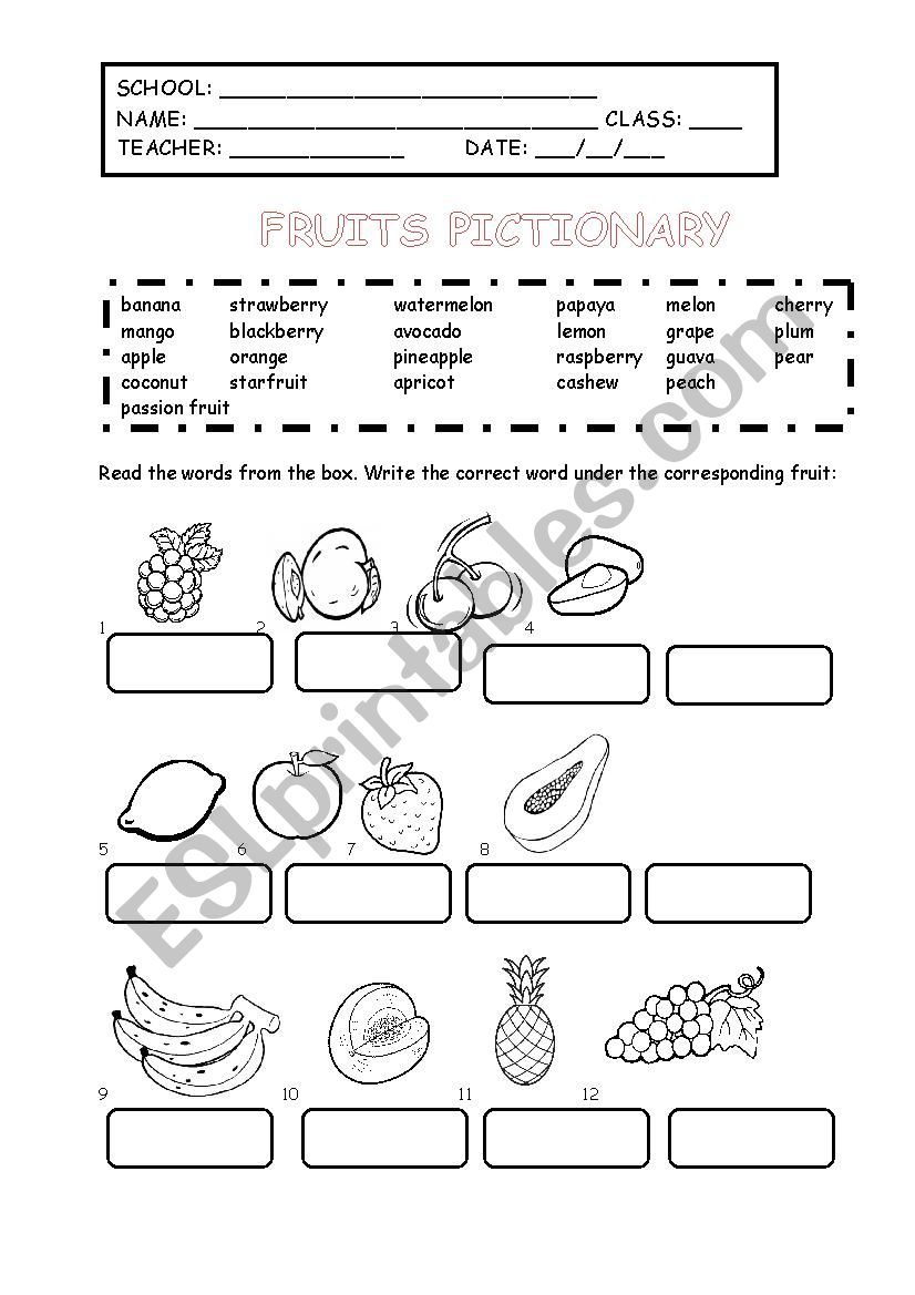 PICTIONARY - FRUITS worksheet