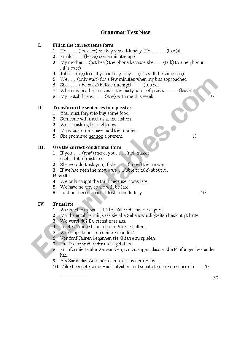 grammar test worksheet