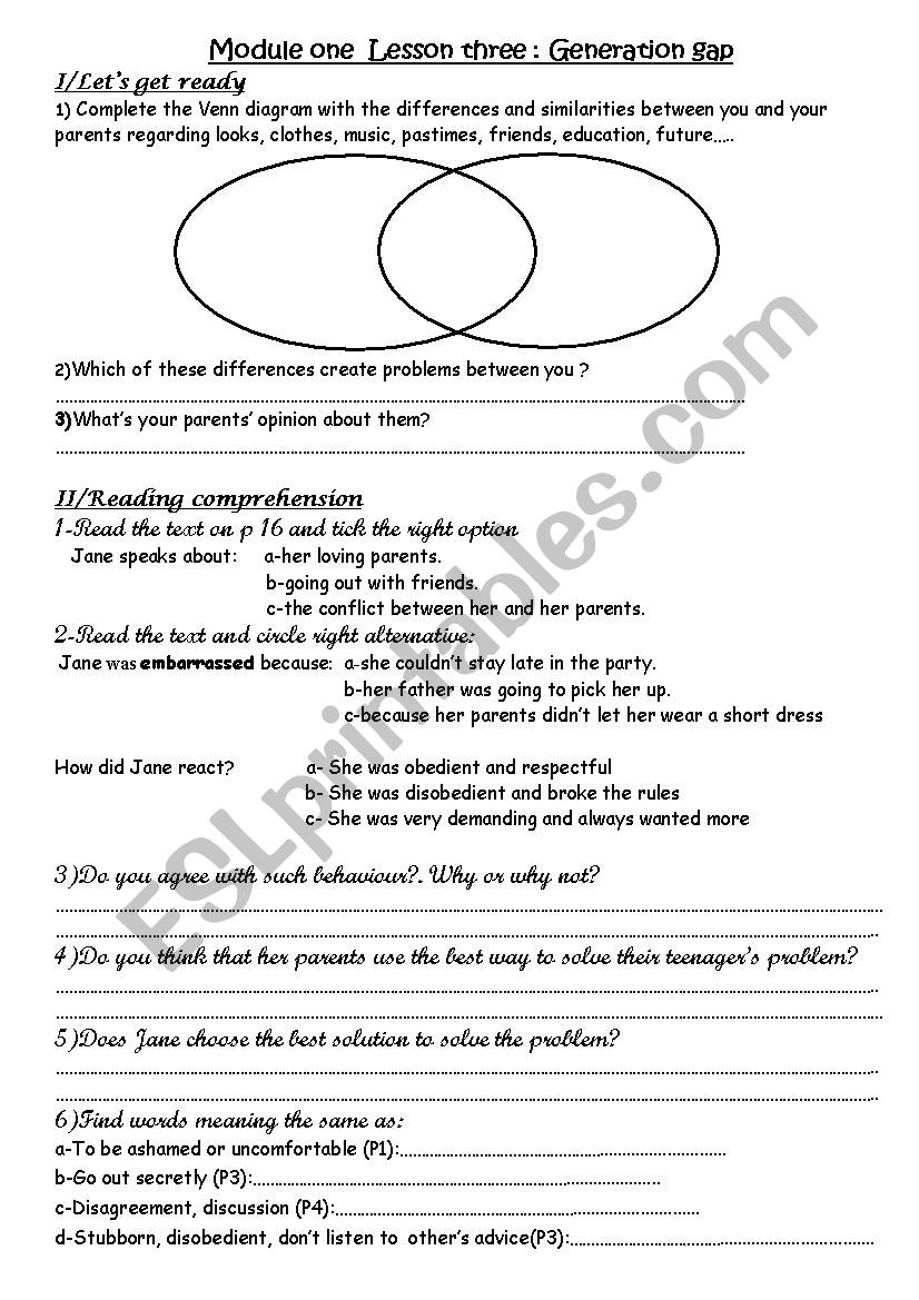 LESSON 3: Generation gap worksheet