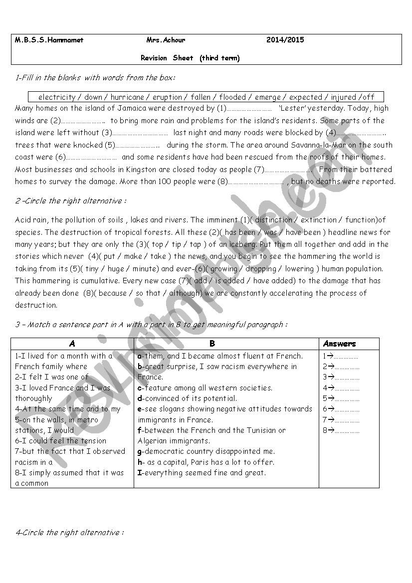 bac revision worksheet