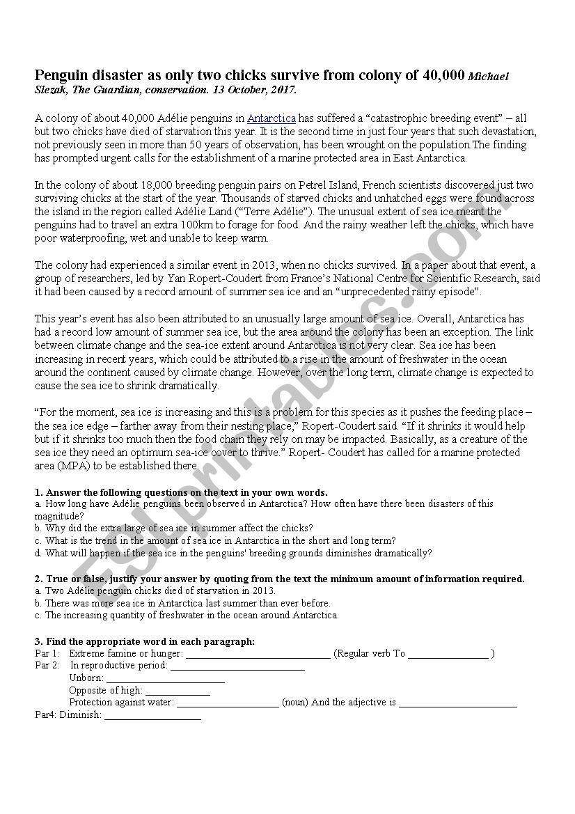 Adlie Penguins in danger worksheet