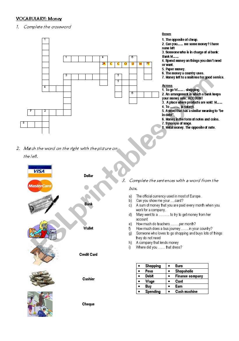 Money Vocabulary worksheet