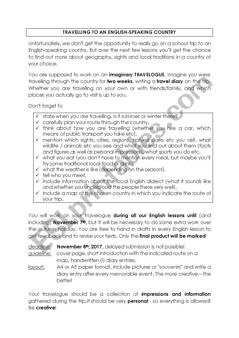 TRAVELOGUE worksheet