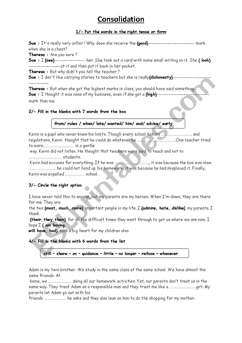 9th form consolidation tasks  worksheet