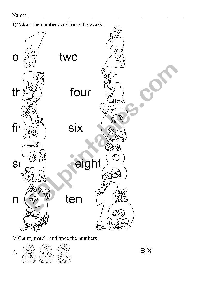 Numbers from 1 to 10. Count, trace and colour.