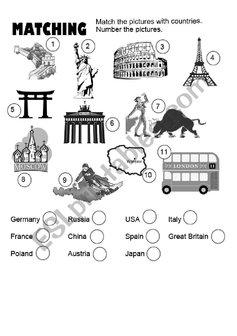 matching: countries worksheet