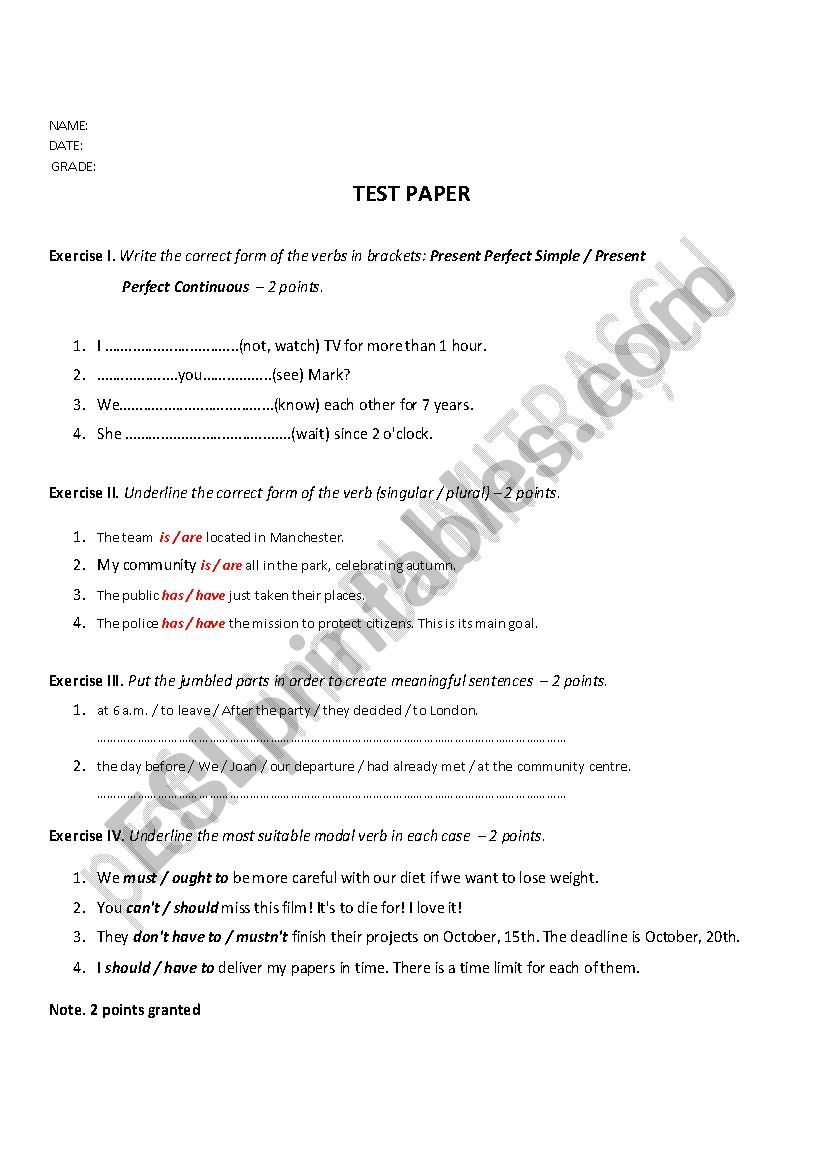 TEST PAPER 8TH GRADE worksheet