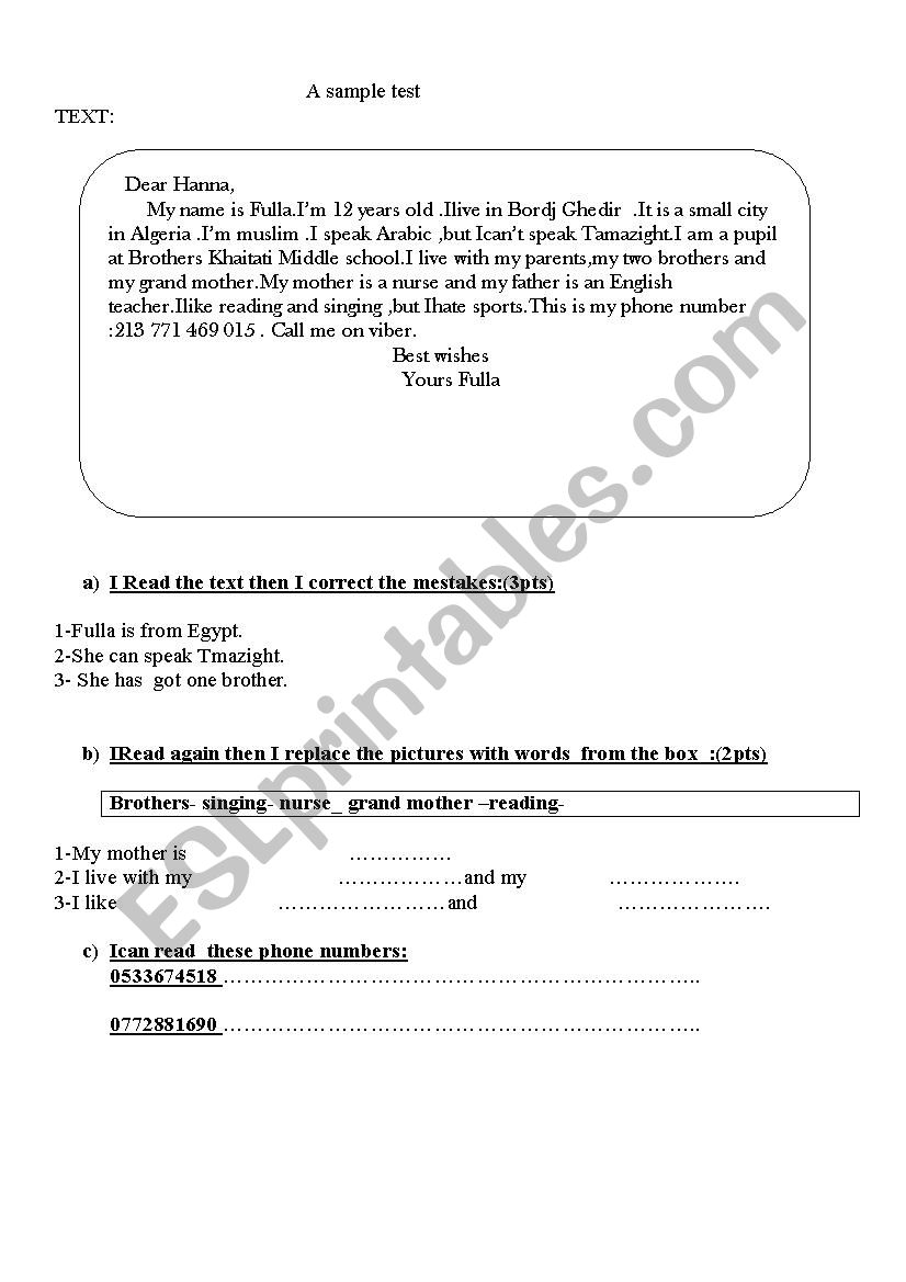 a test sample worksheet