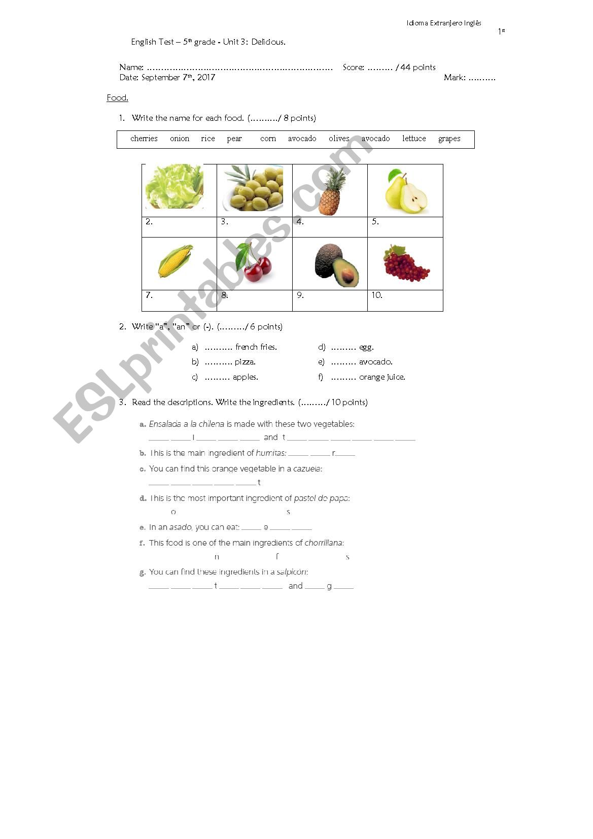 Food test worksheet