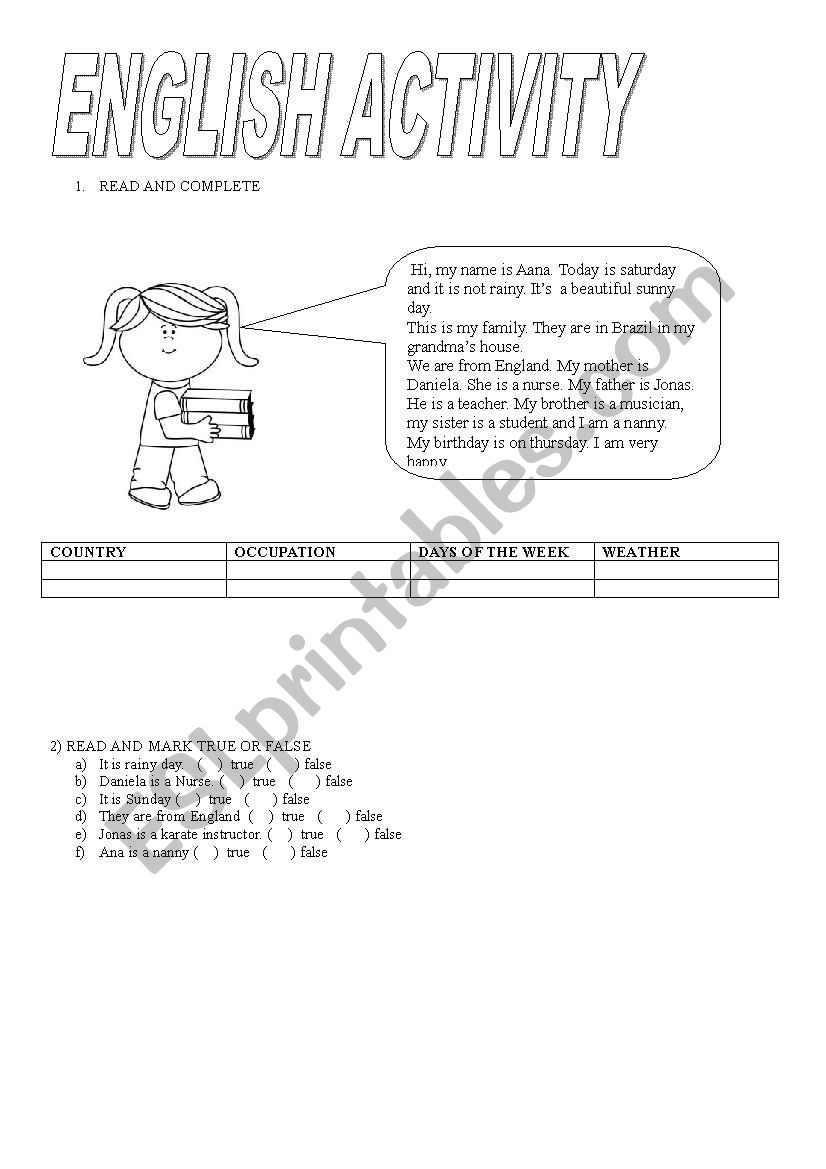 activity worksheet