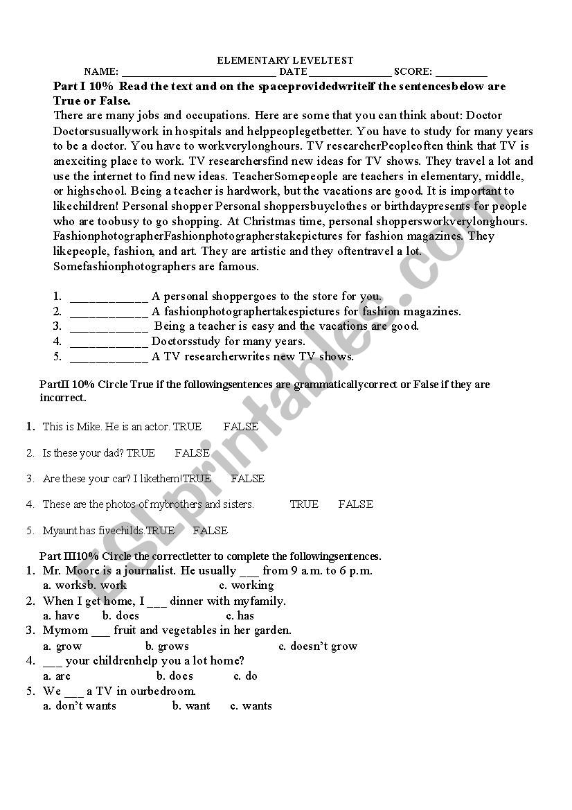 ELEMENTARY TEST  worksheet