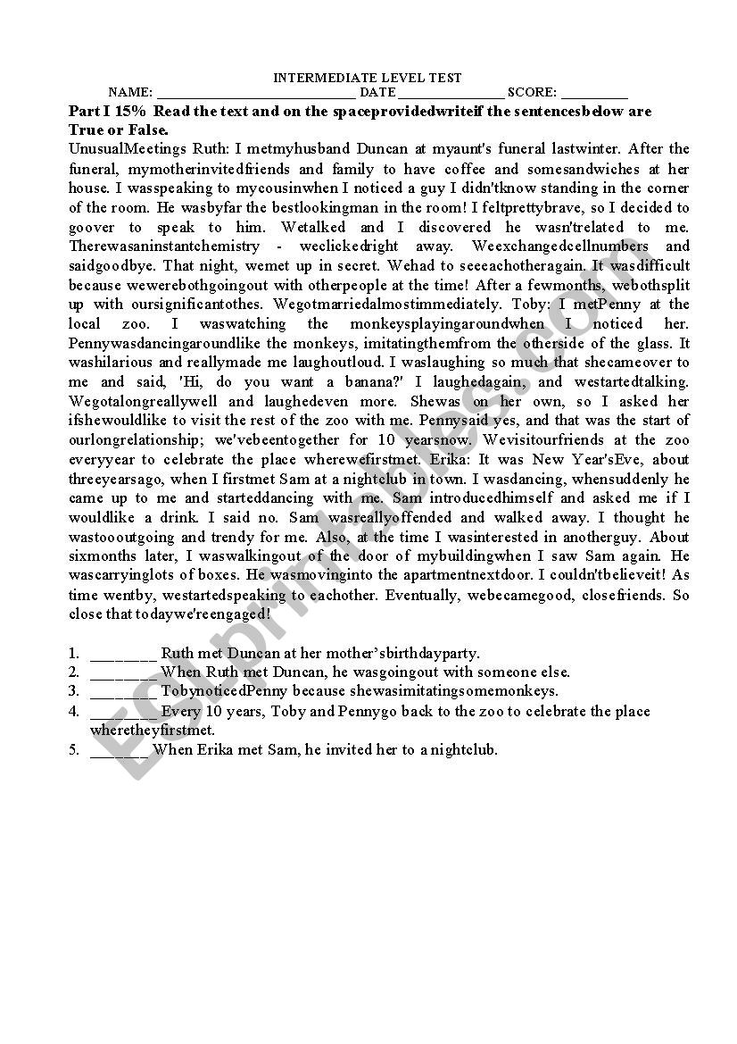 INTERMEDIATE TEST worksheet