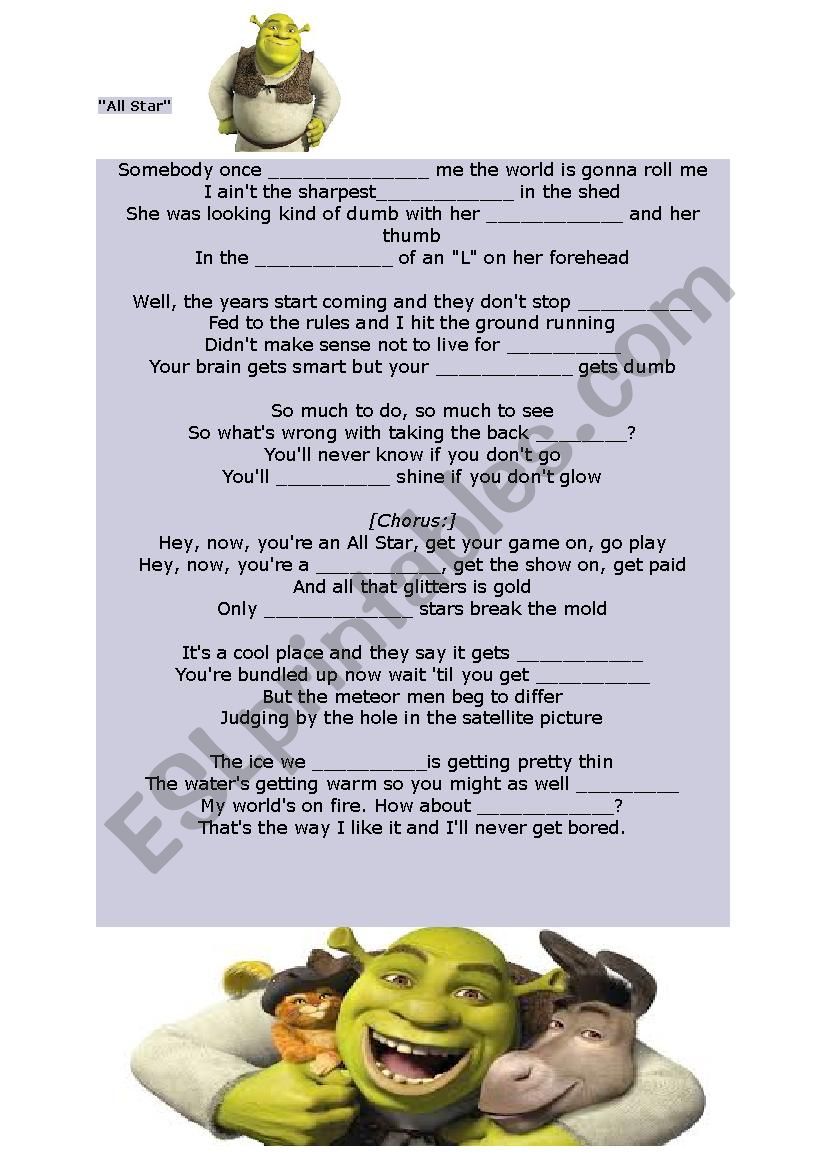 shrek song worksheet