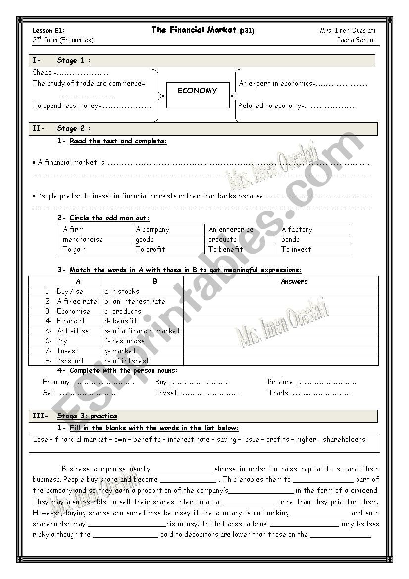 lesson E1: The financial market 2nd form economics 