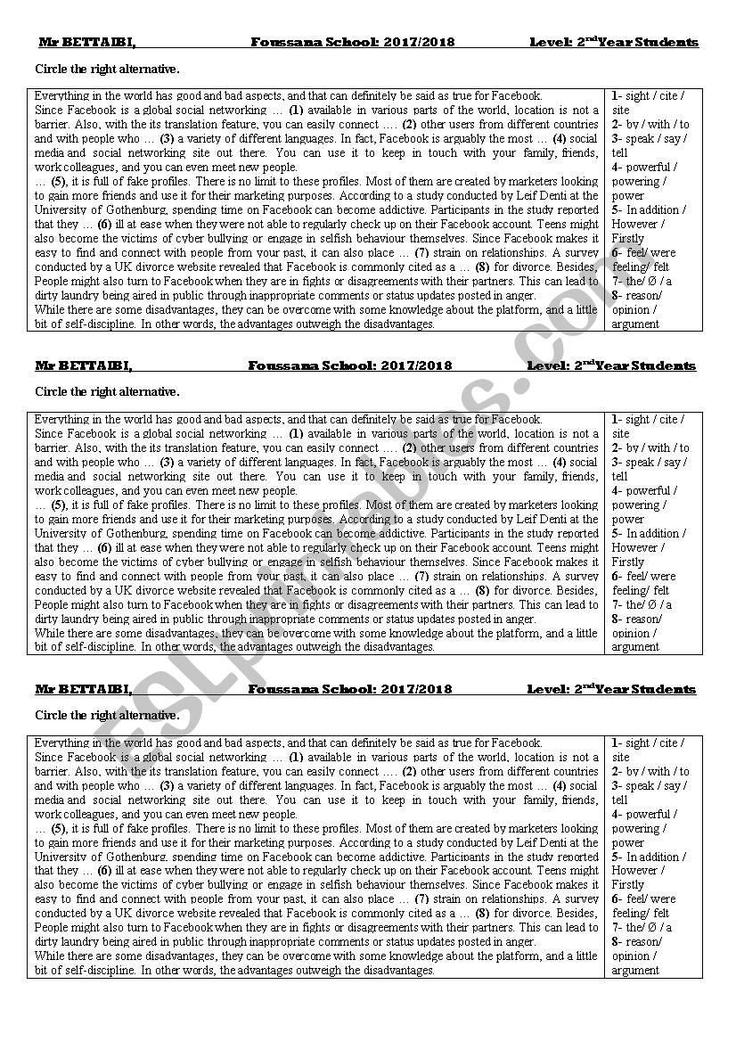 pros and cons of Facebook / exercise 2nd year students