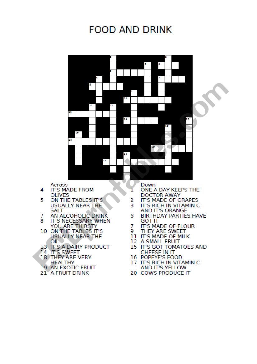 FOOD AND DRINK CROSSWORD + KEY