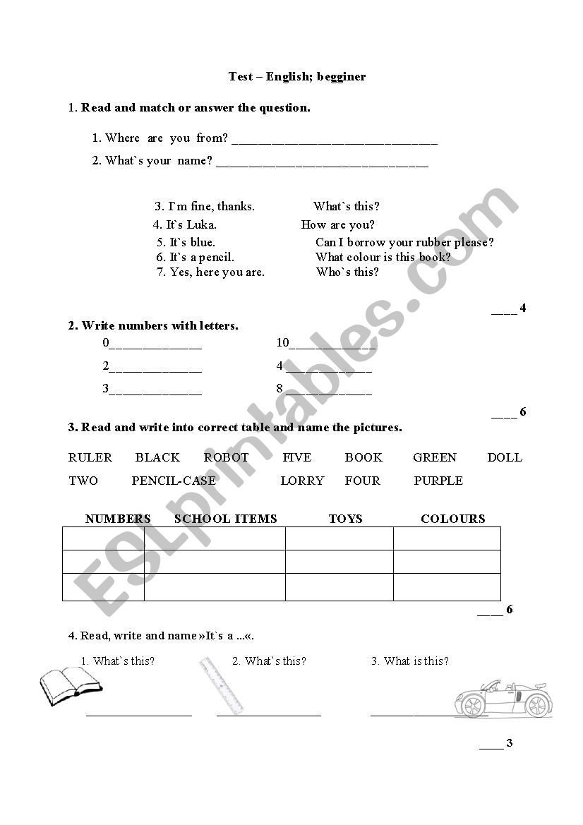 Begginers test worksheet