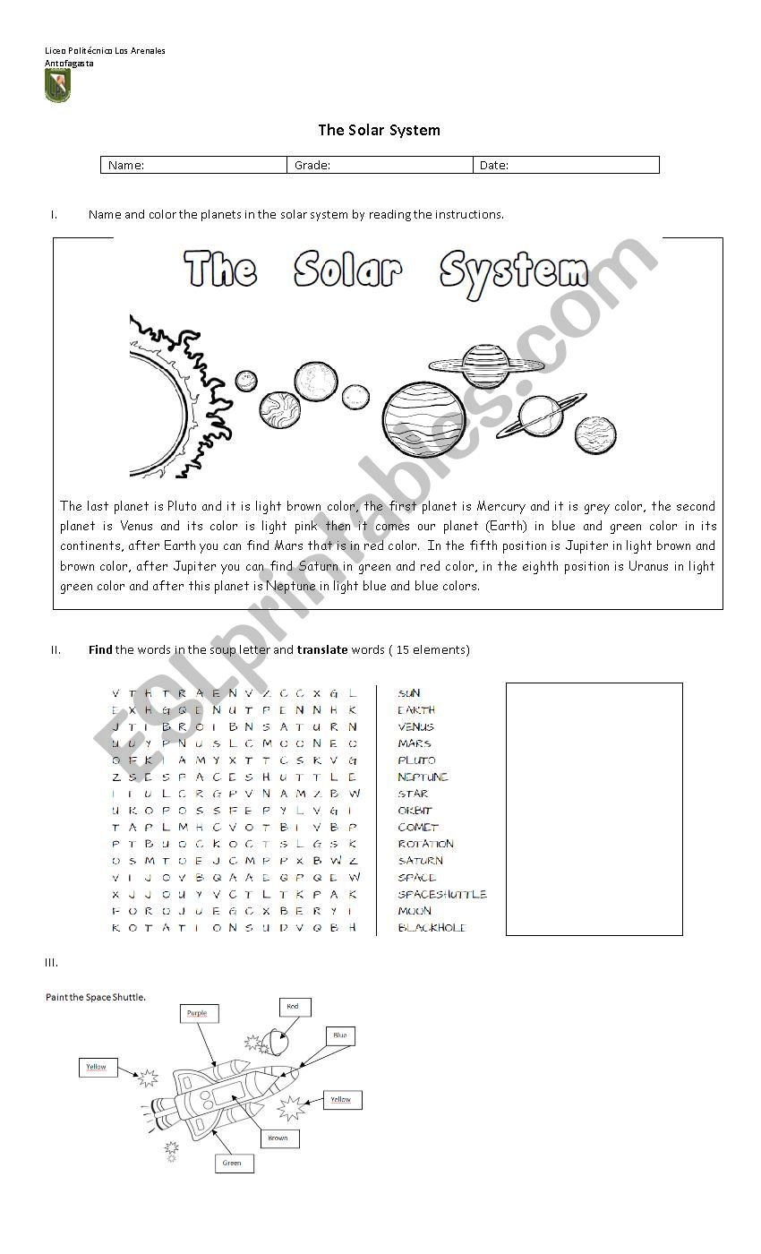 Solar System worksheet