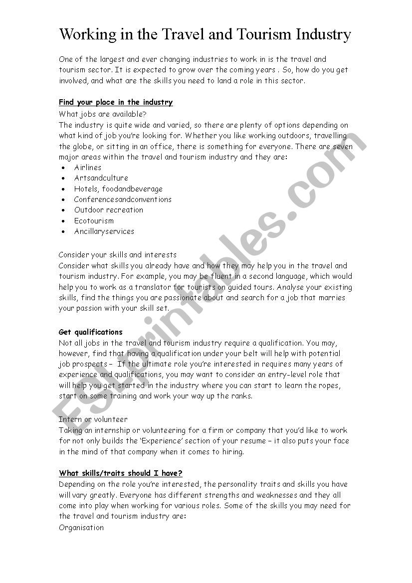 Text for tourism schools worksheet