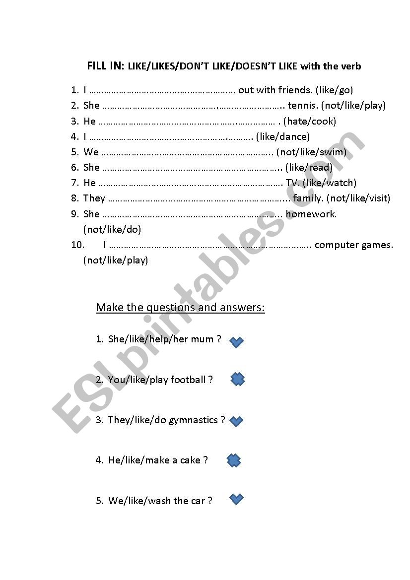 LIKE + verb+ing worksheet