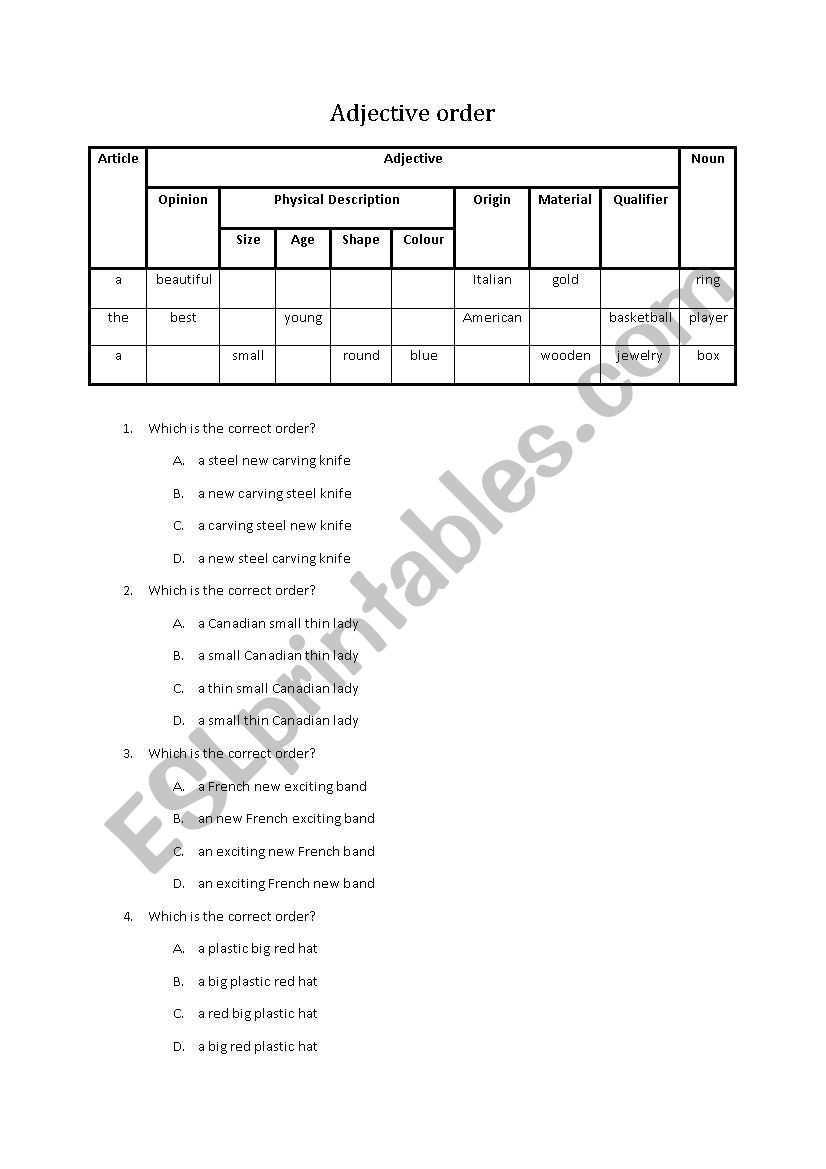 Adjective order - worksheet worksheet