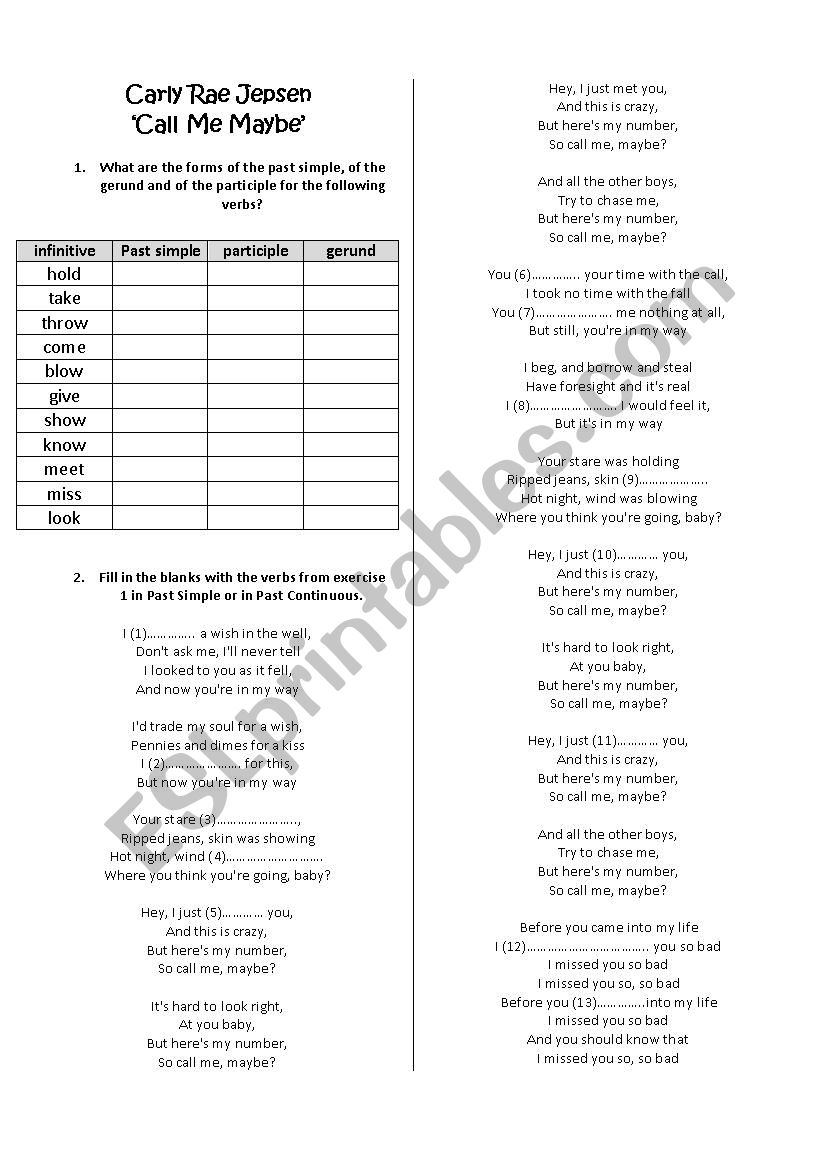 Call Me Maybe by Carly Rae Jepsen - Past Progressive/Continuous Part 1