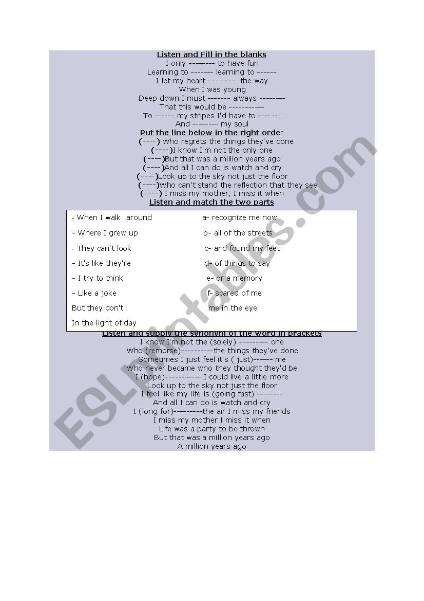 million years ago Adele song worksheet