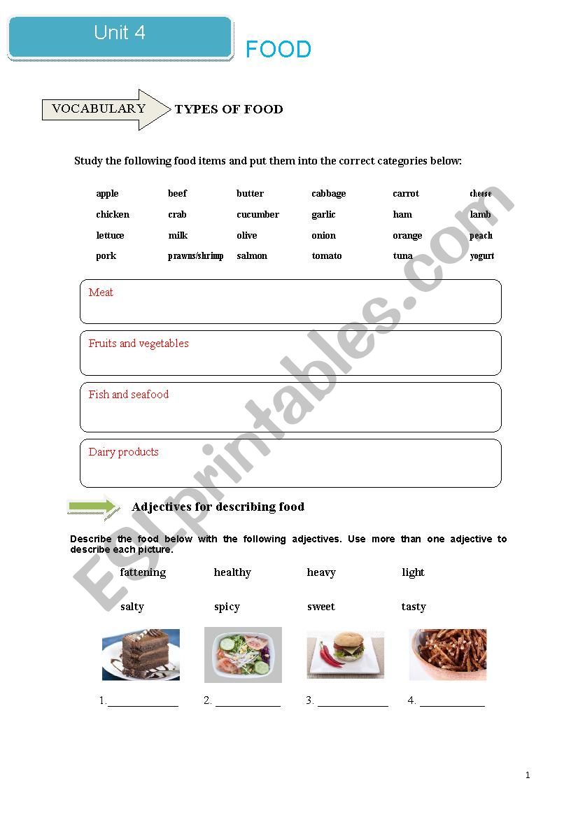 food worksheet