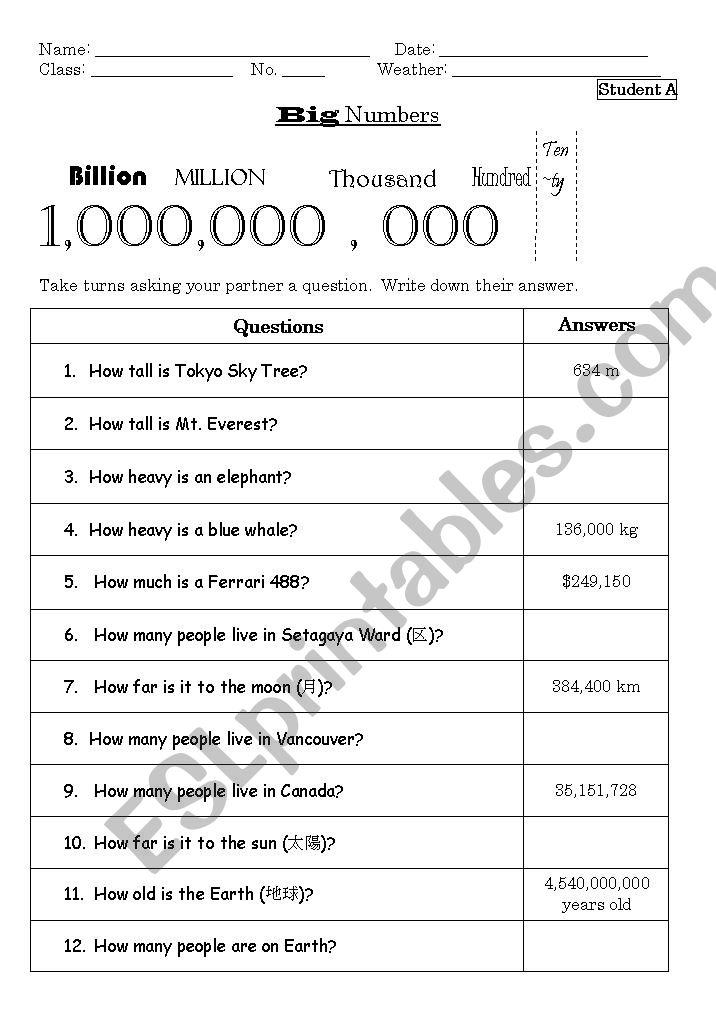 Large Numbers In English Worksheet