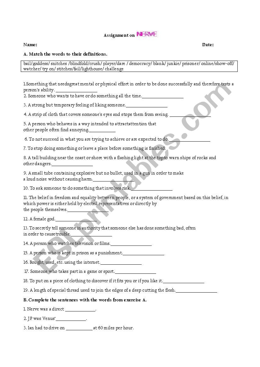 Nerve worksheet