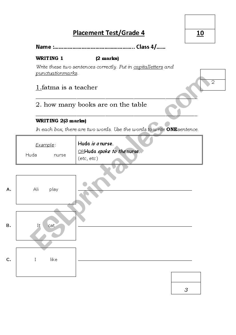 placement test worksheet