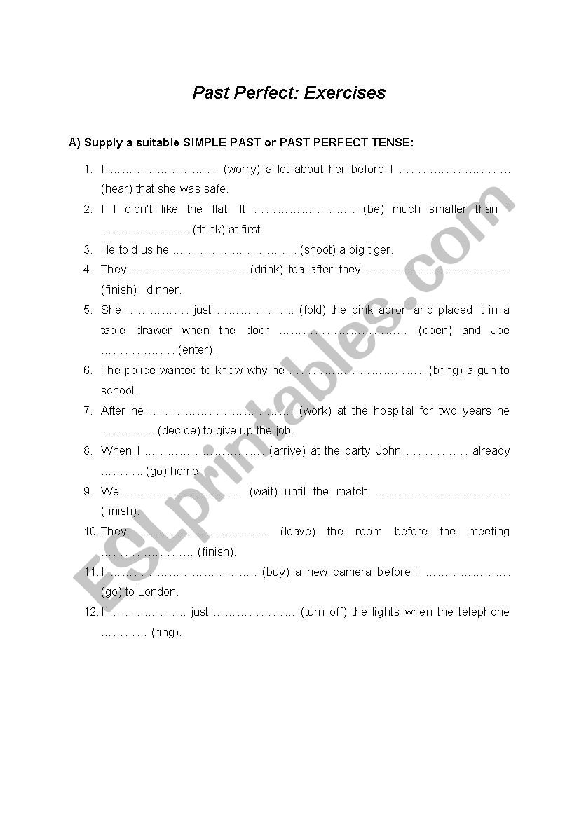Past perfect: exercises worksheet