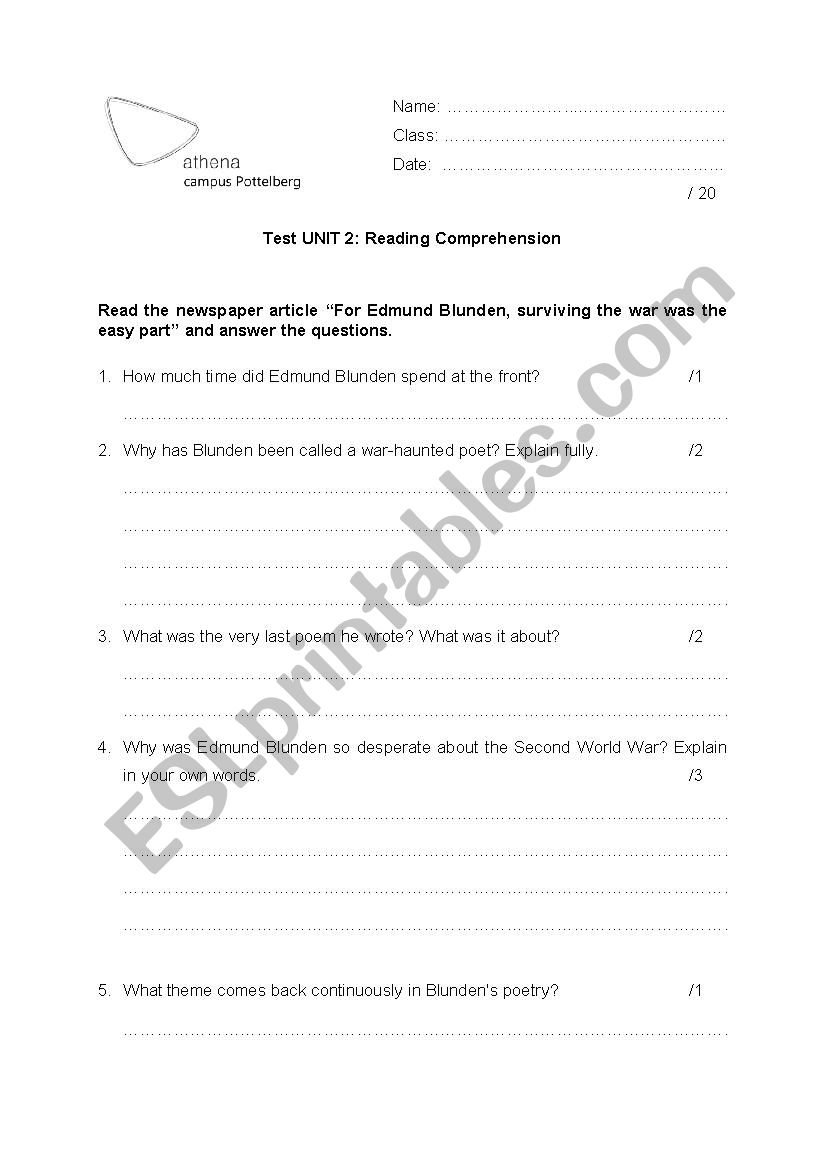 Reading WWI worksheet