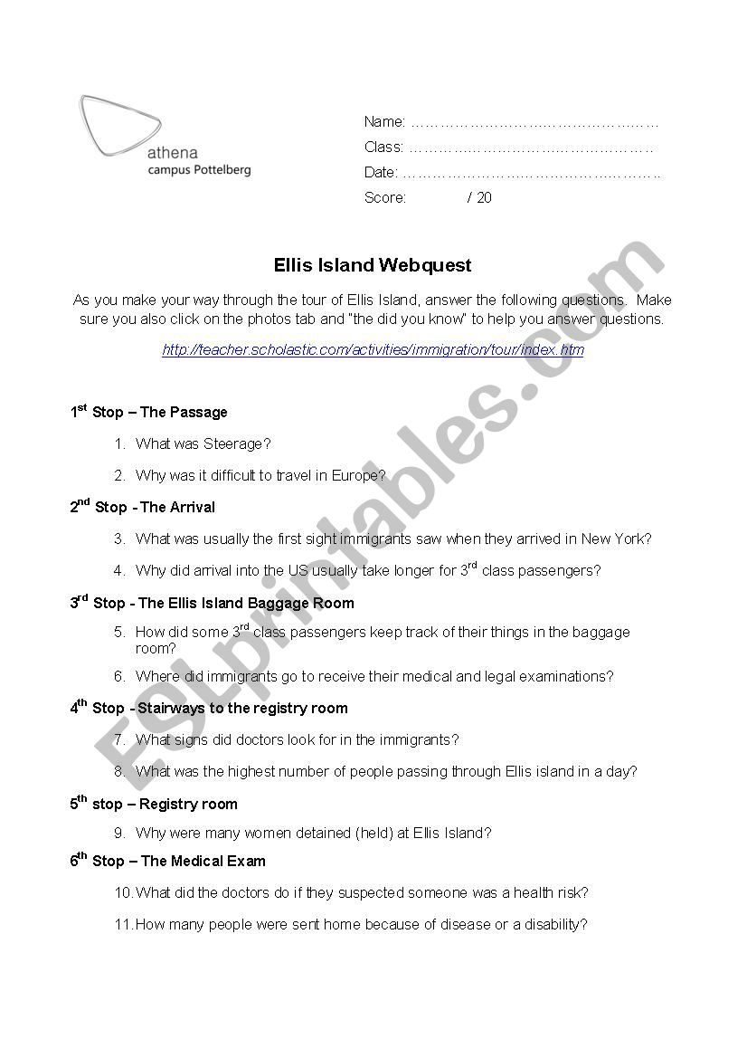 Ellis Island worksheet