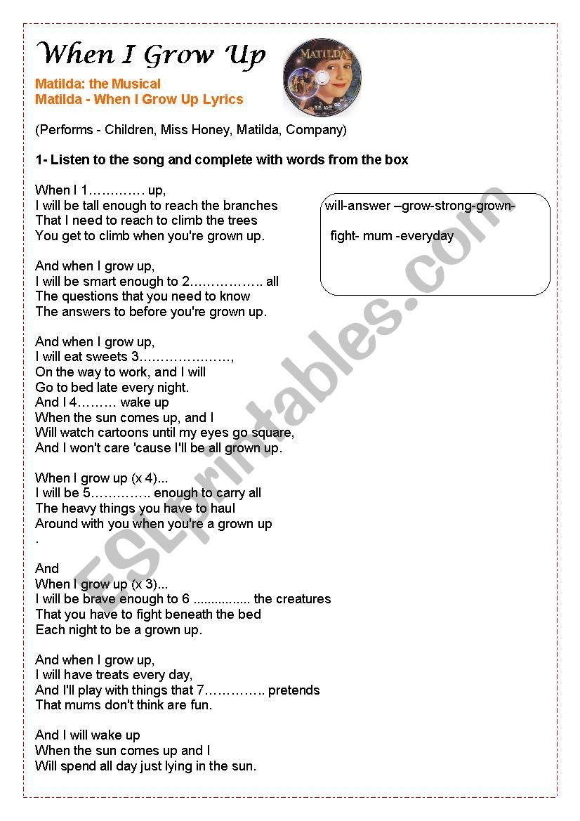 song activity worksheet