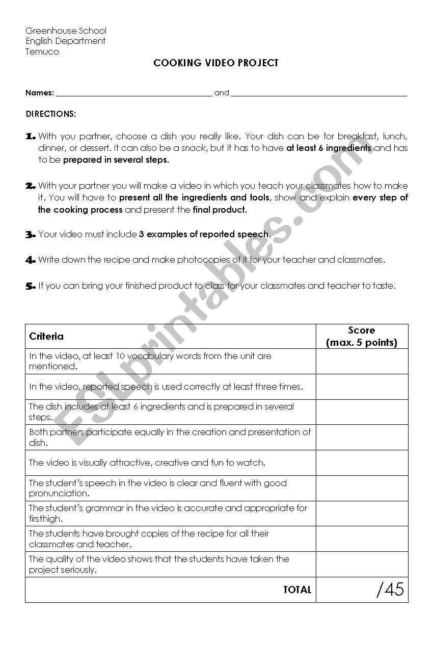 Cooking Video Project worksheet