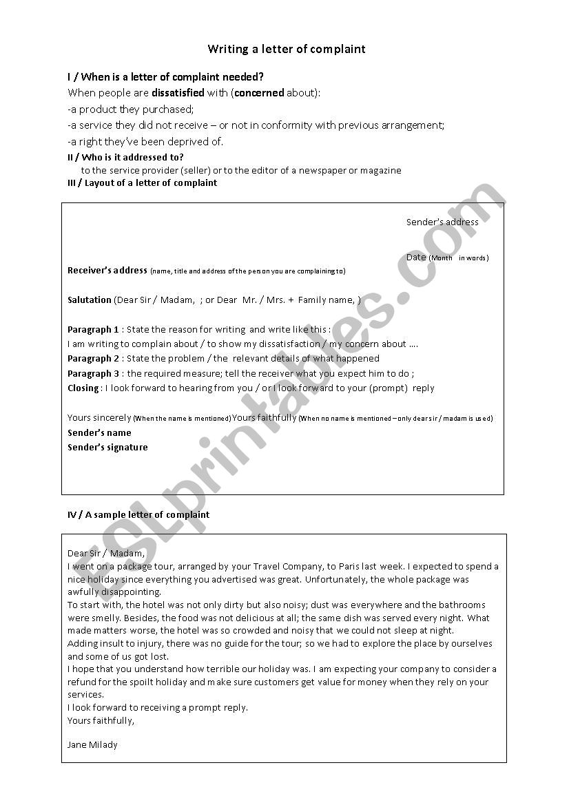 Writing a letter of complaint worksheet