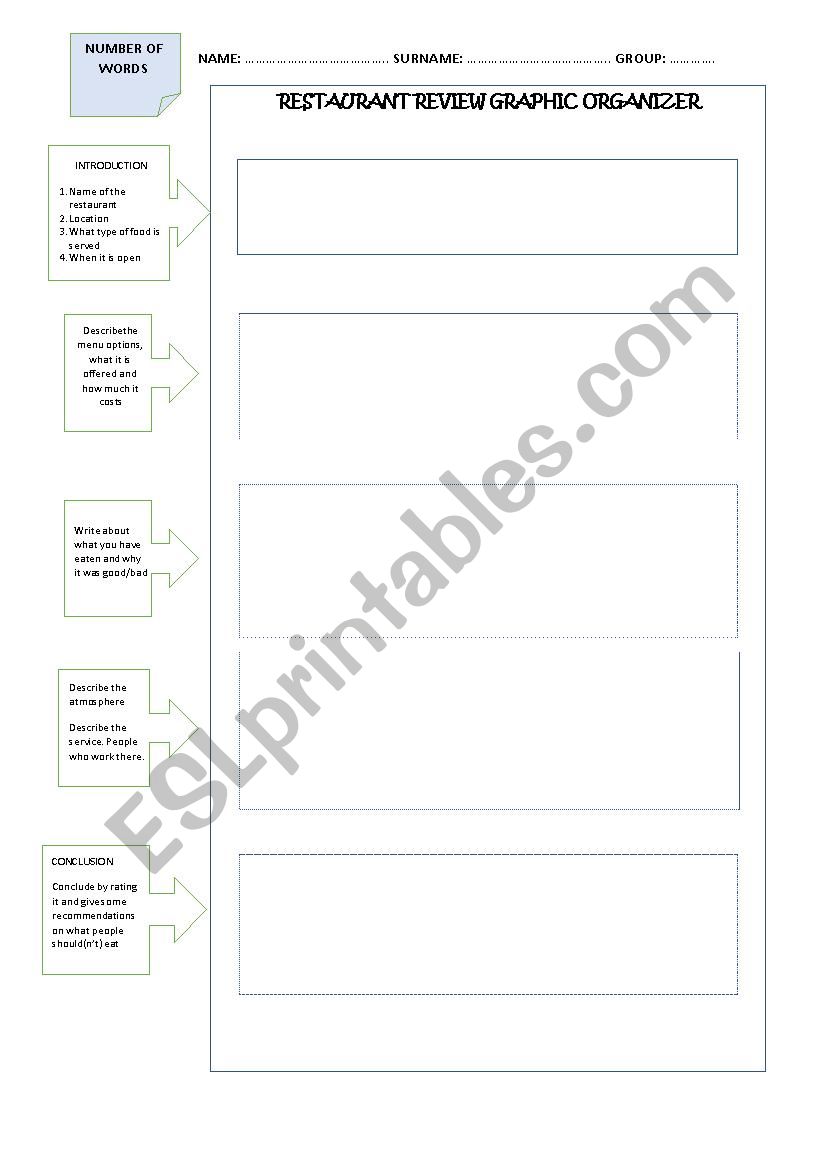 RESTAURANT REVIEW GRAPHIC ORGANIZER