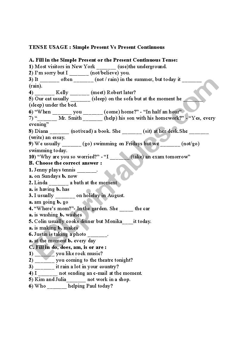 TENSE USAGE EXERCISES PRESENT SIMPLE VS PRESENT CONTINUOUS