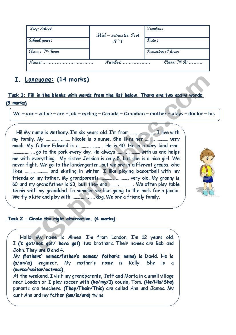 Mid semester test N1 7th form worksheet