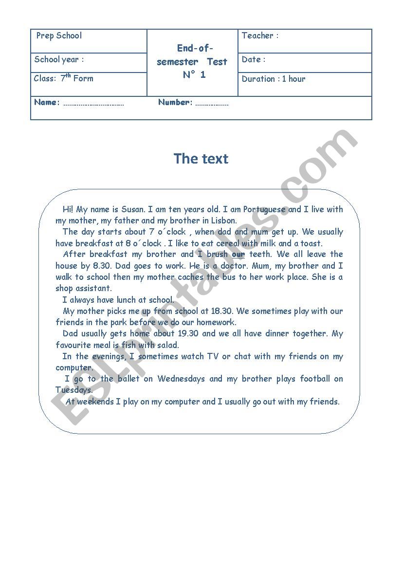 End of semester test 7th form worksheet