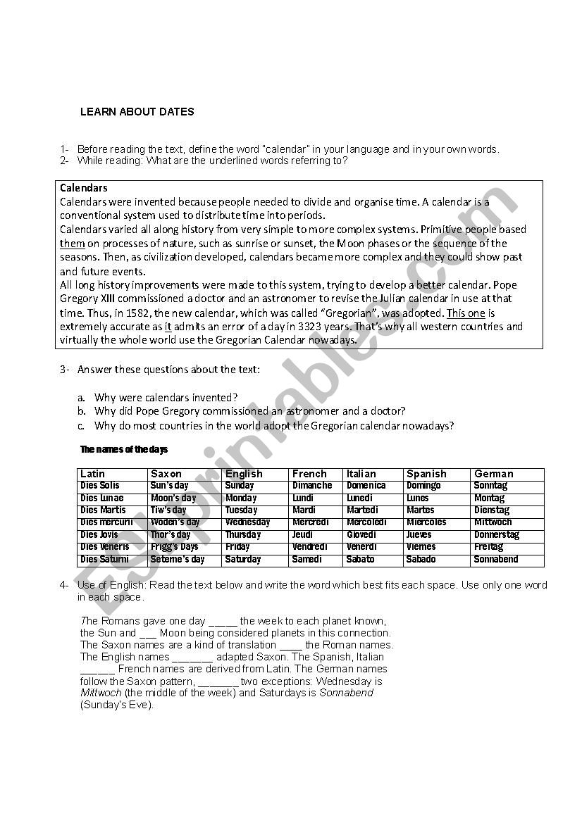 Learn about dates worksheet